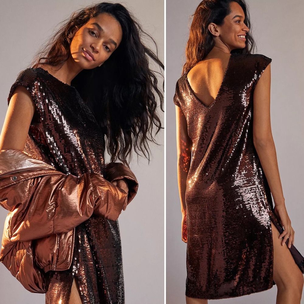 Maeve By Anthropologie Kara Shift Dress Brown Side Slit Sequined Short Small